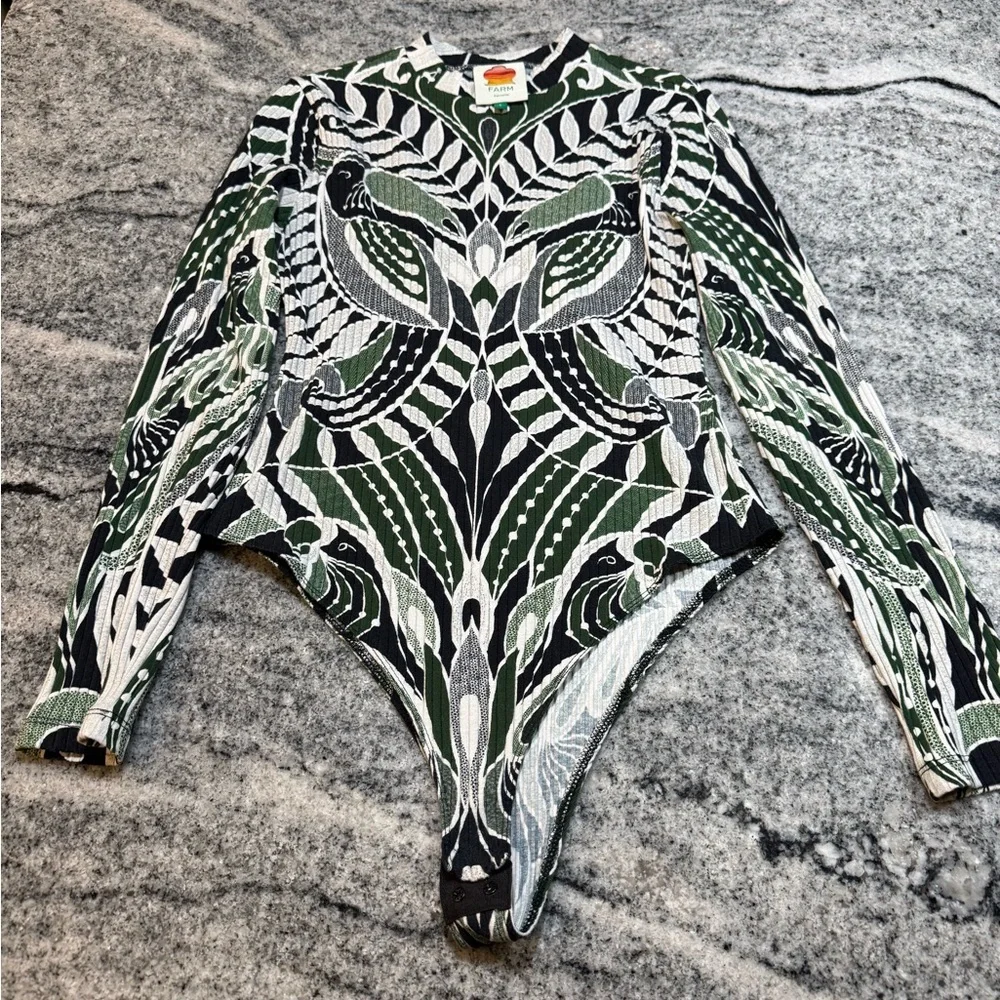 FARM Rio Puff Sleeve Green and Black Bodysuit - Picture 6 of 11